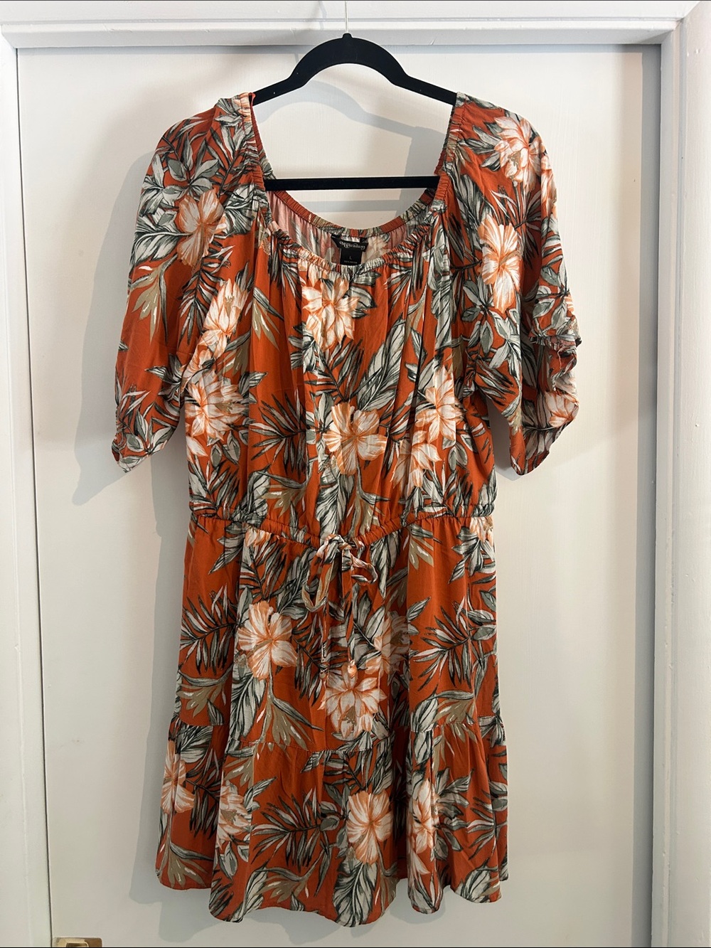 Millenium Retro Rust Orange Floral Drawstring Mini Dress off Shoulder Size L
